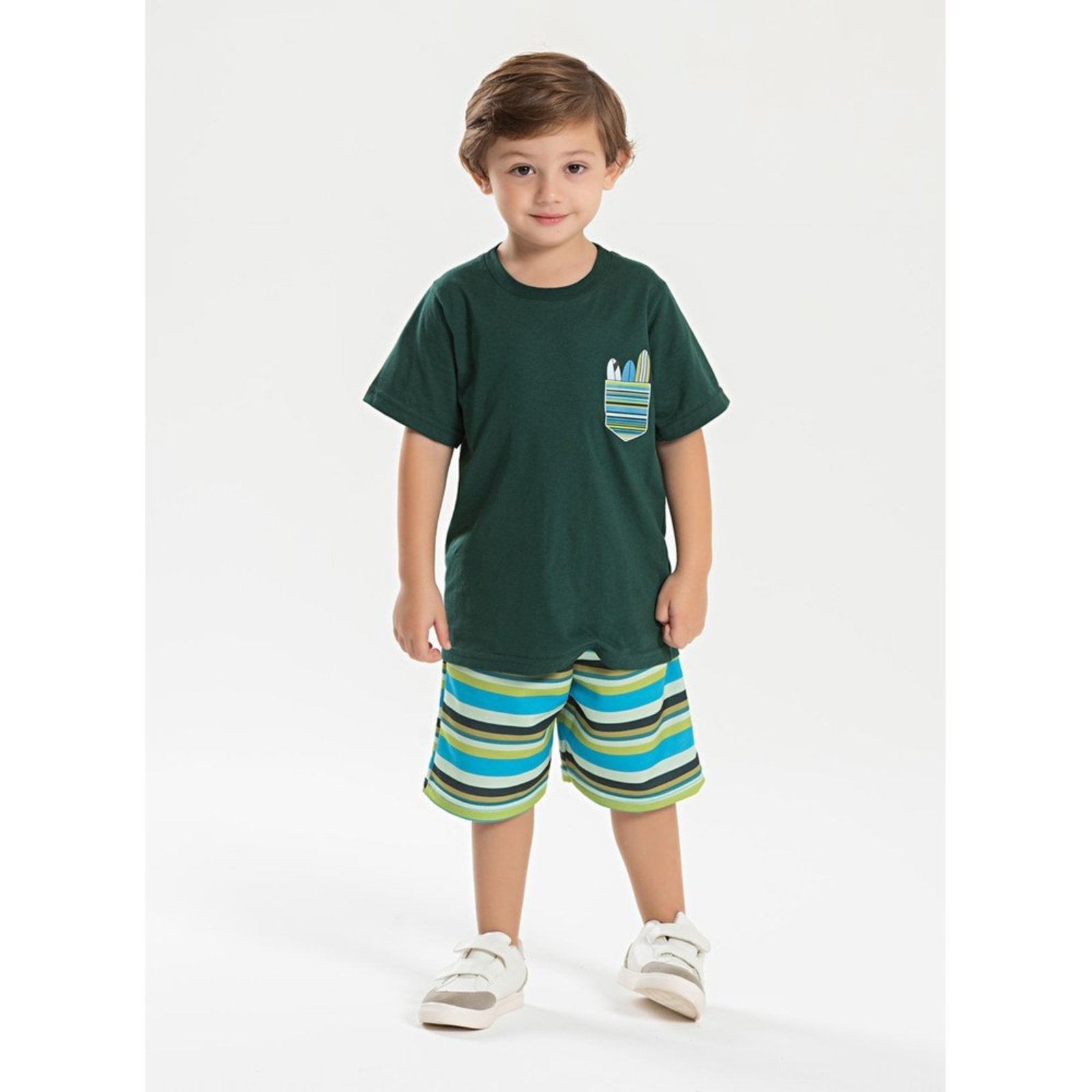 Infantil – Conjunto Verão Menino Verde Camiseta e Bermuda Com Cadarço Surf