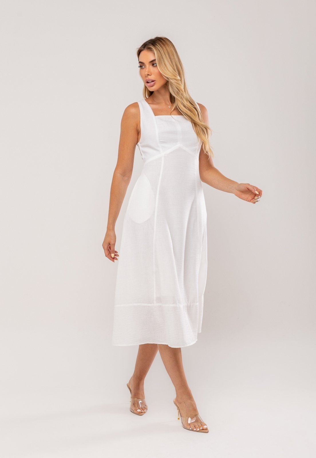 Vestido Midi Decote Reto e Alça Larga Salvatore Branco