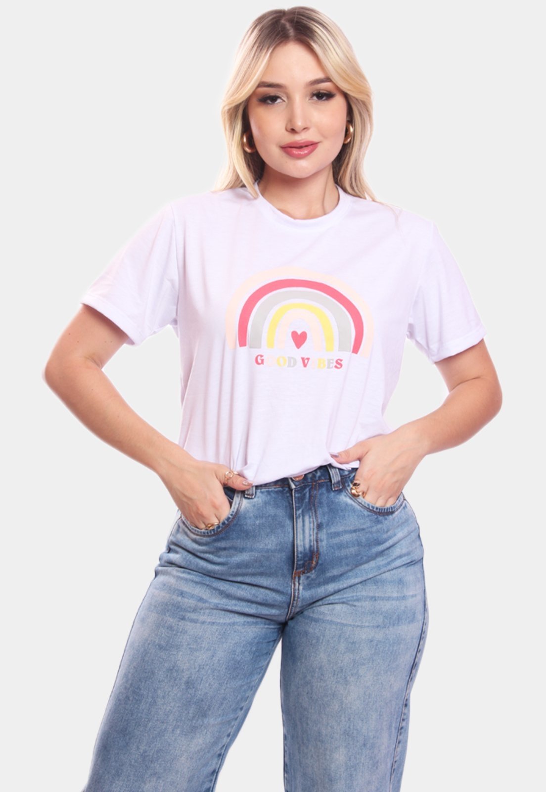 Tshirt Blusa Feminina Arco Iris Estampada Manga Curta Camiseta Camisa Branco