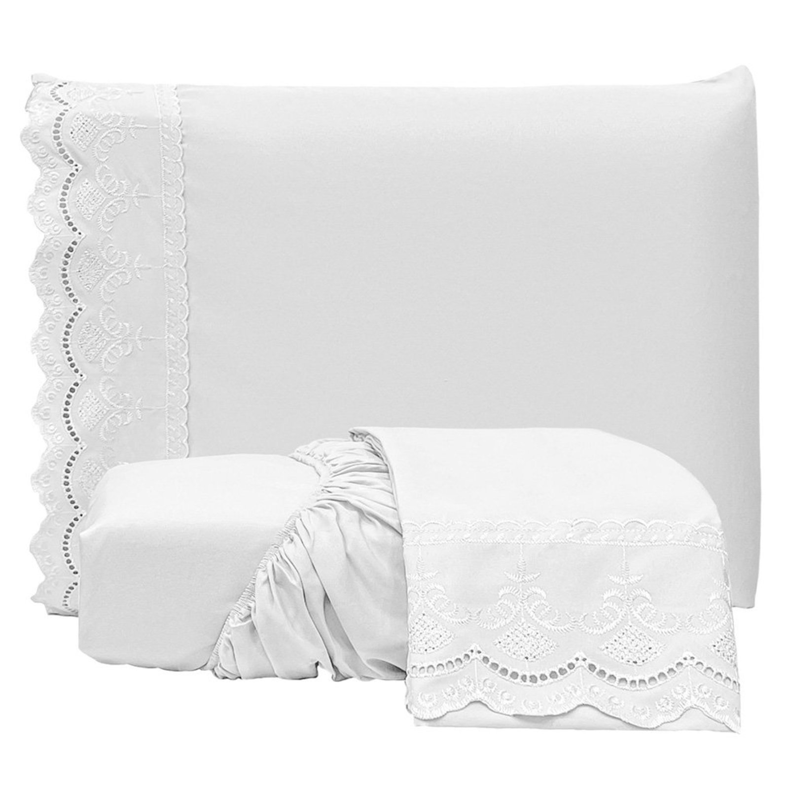 Jogo Cama Lençol Loren Queen Bordado Inglês Micro Percal 300 Fios 3 Peças Branco