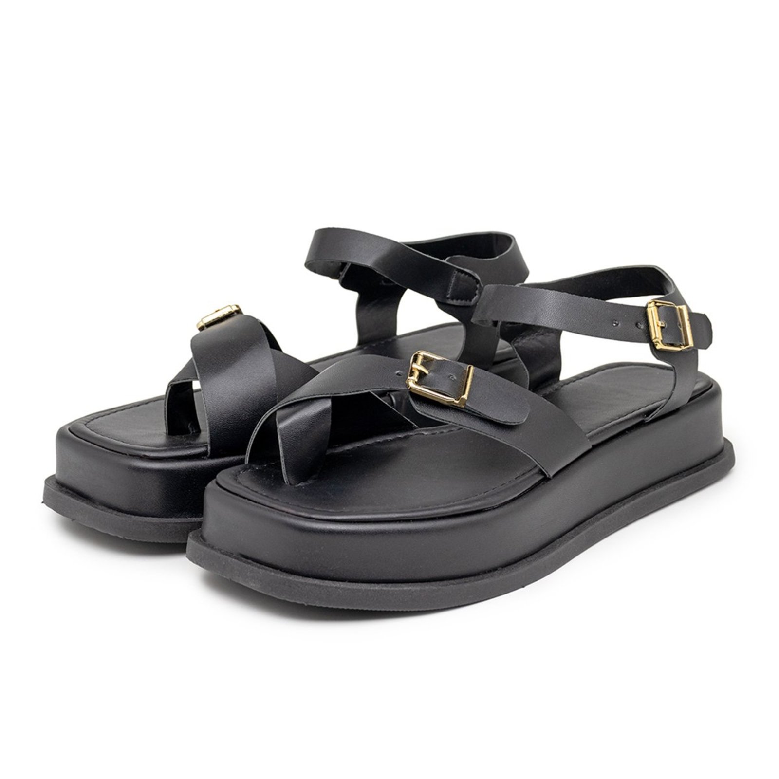 Sandália Flatform Feminina Papete Tiras Fivela 23410 Preta Flor Da Pele