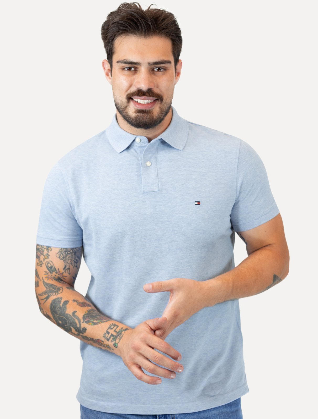 Vista 2 Polo Tommy Hilfiger Masculina Regular Piquet 1985 Claro Mescla azul Tommy Hilfiger azul