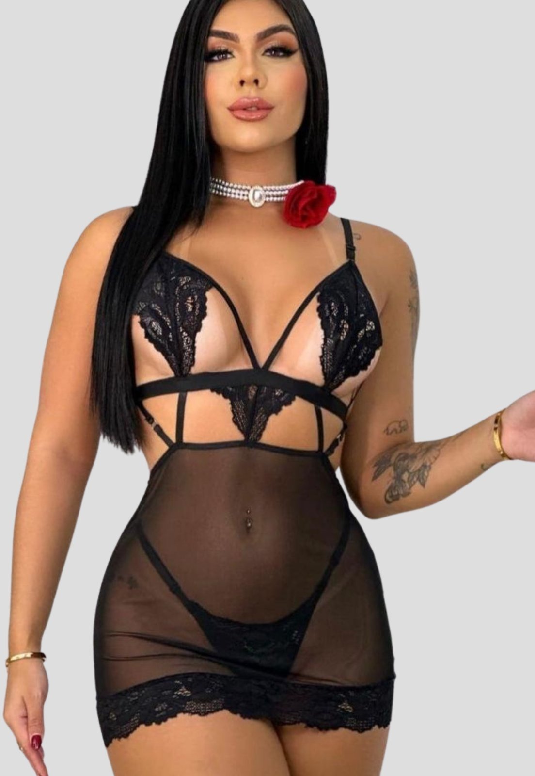 Camisola Sexy Tule Transparente E Renda Lingerie Preto