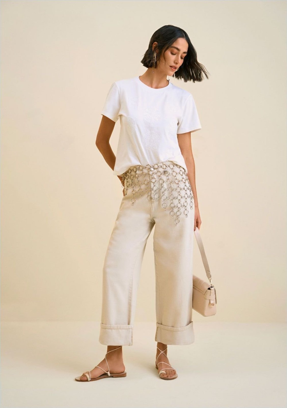 Calça Morena Rosa Wide Leg Thaila Cós Alto Barra Dobrada - Bege