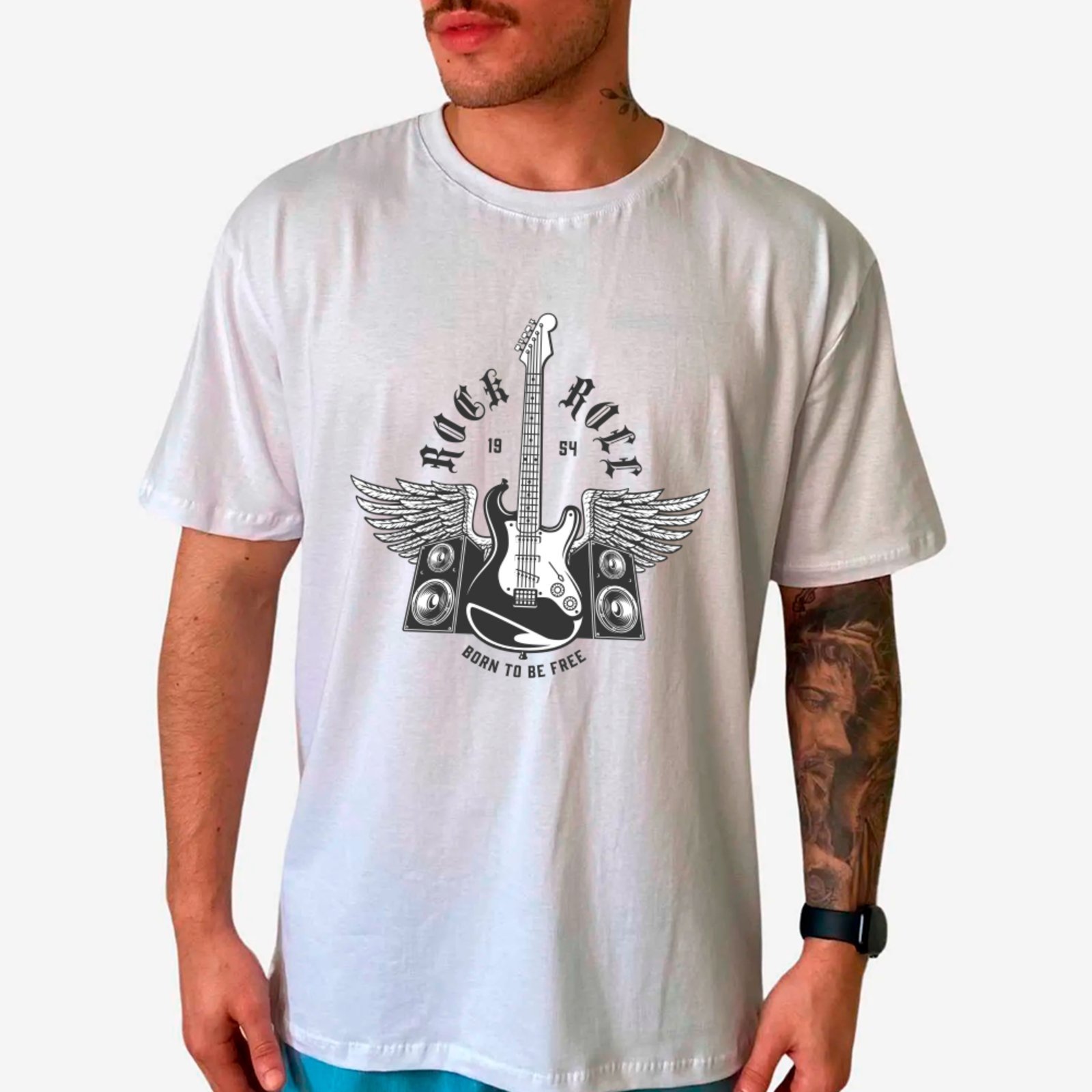 Vista 2 Camiseta Ousy Streetwear Rock Roll Guitarra 1954 Oversized Unissex branco ousy branco