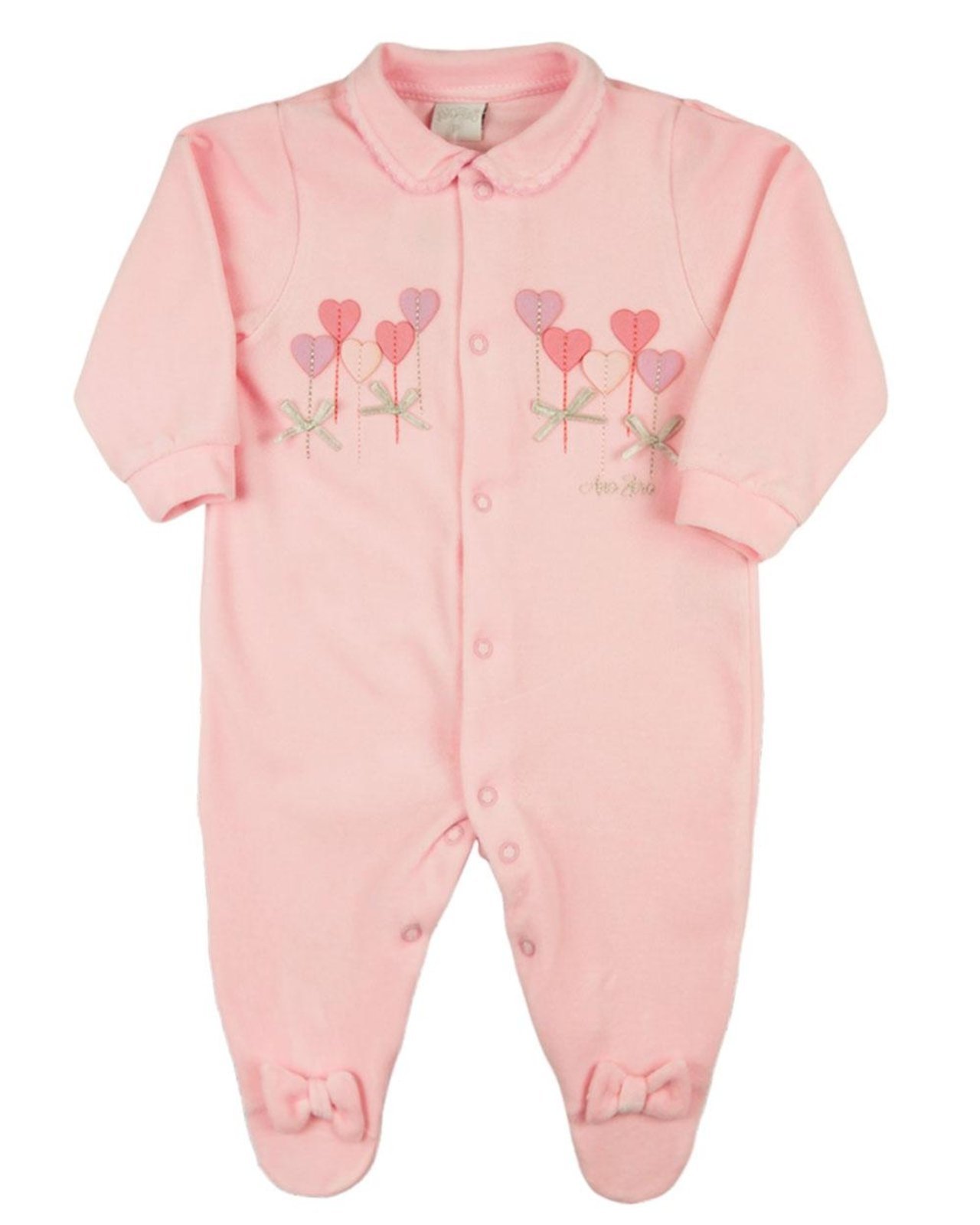 Infantil – Macacão Plush Aplicações de Coraçõezinhos e Lacinhos de Cetim – Salmão
