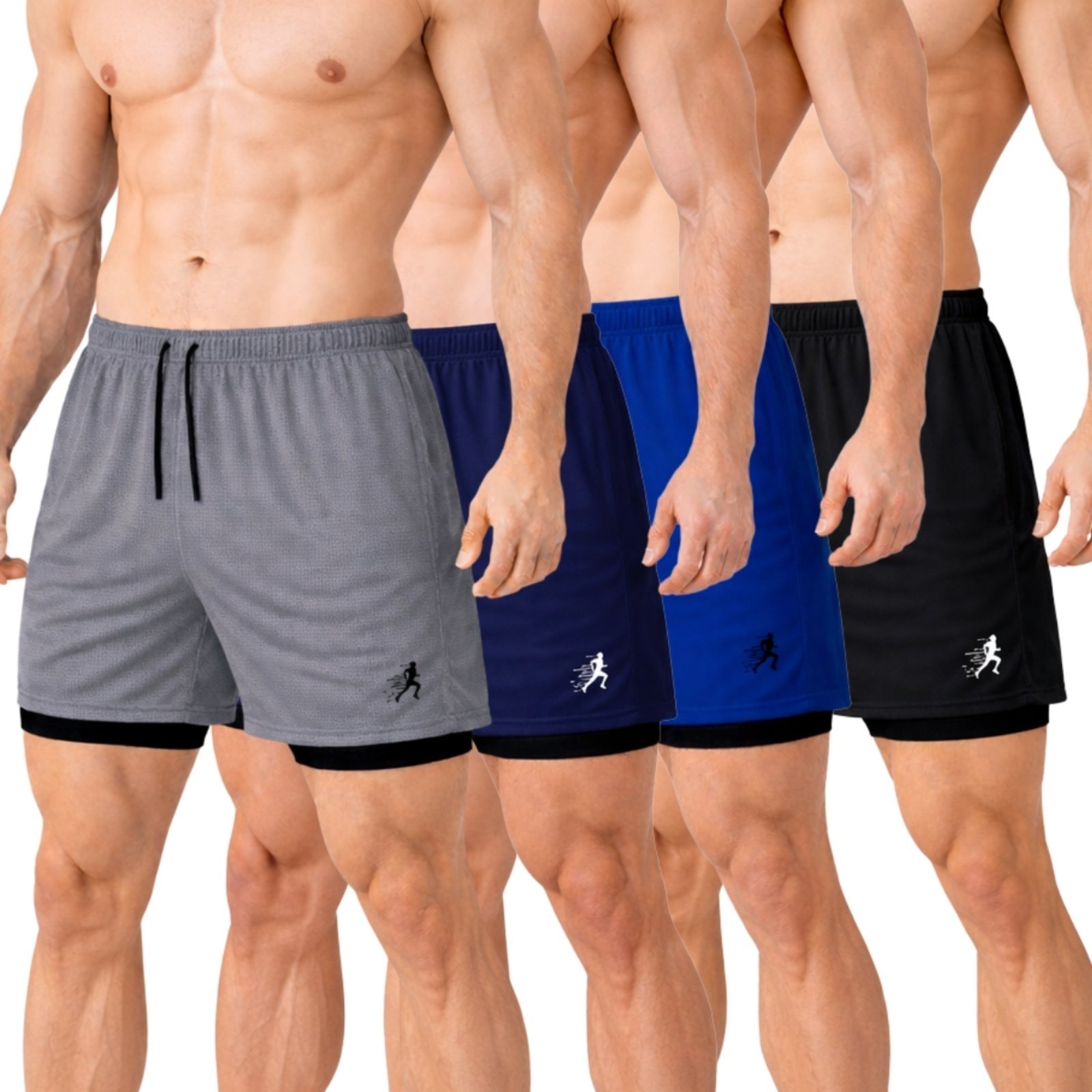 Kit 4 Short Treino Dry Fit Térmico 2 em 1 Estampado com Bolso para Celular e Porta-Toalha Calção Fitness Academia