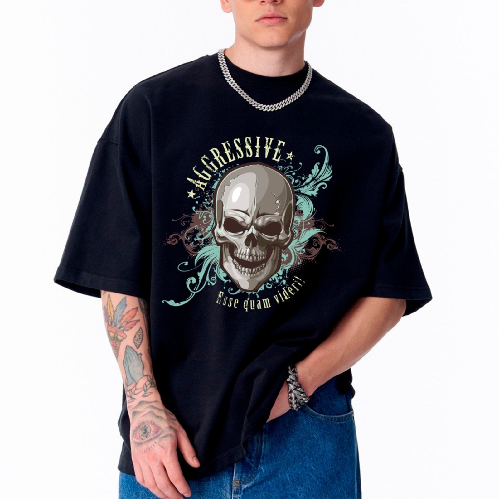 Camiseta Ousy Unissex Caveira Agressive Arte Urbana Streetwear Oversized Preto
