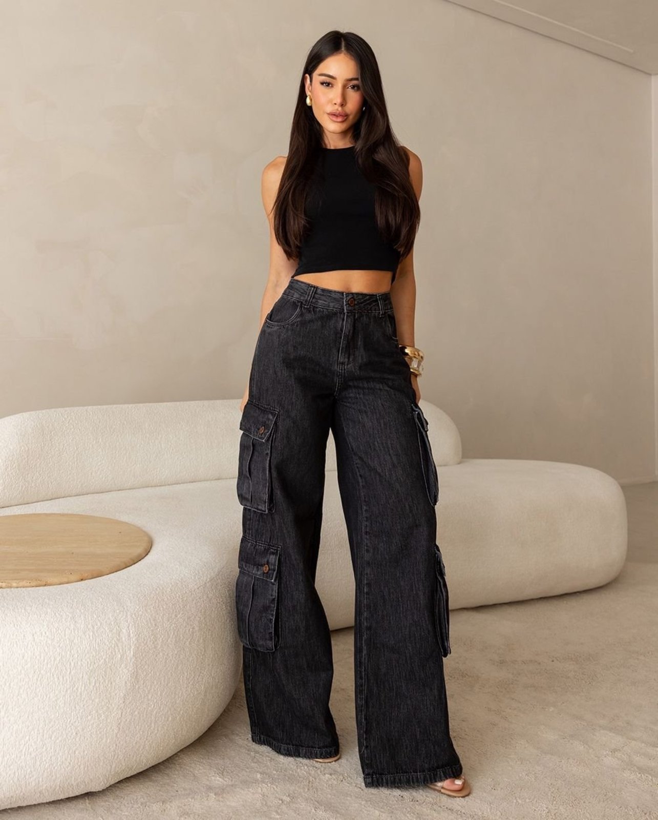 Calça Jeans Wide Leg Feminina Relaxed Cargo 25117 Vintage Escuro Consciência