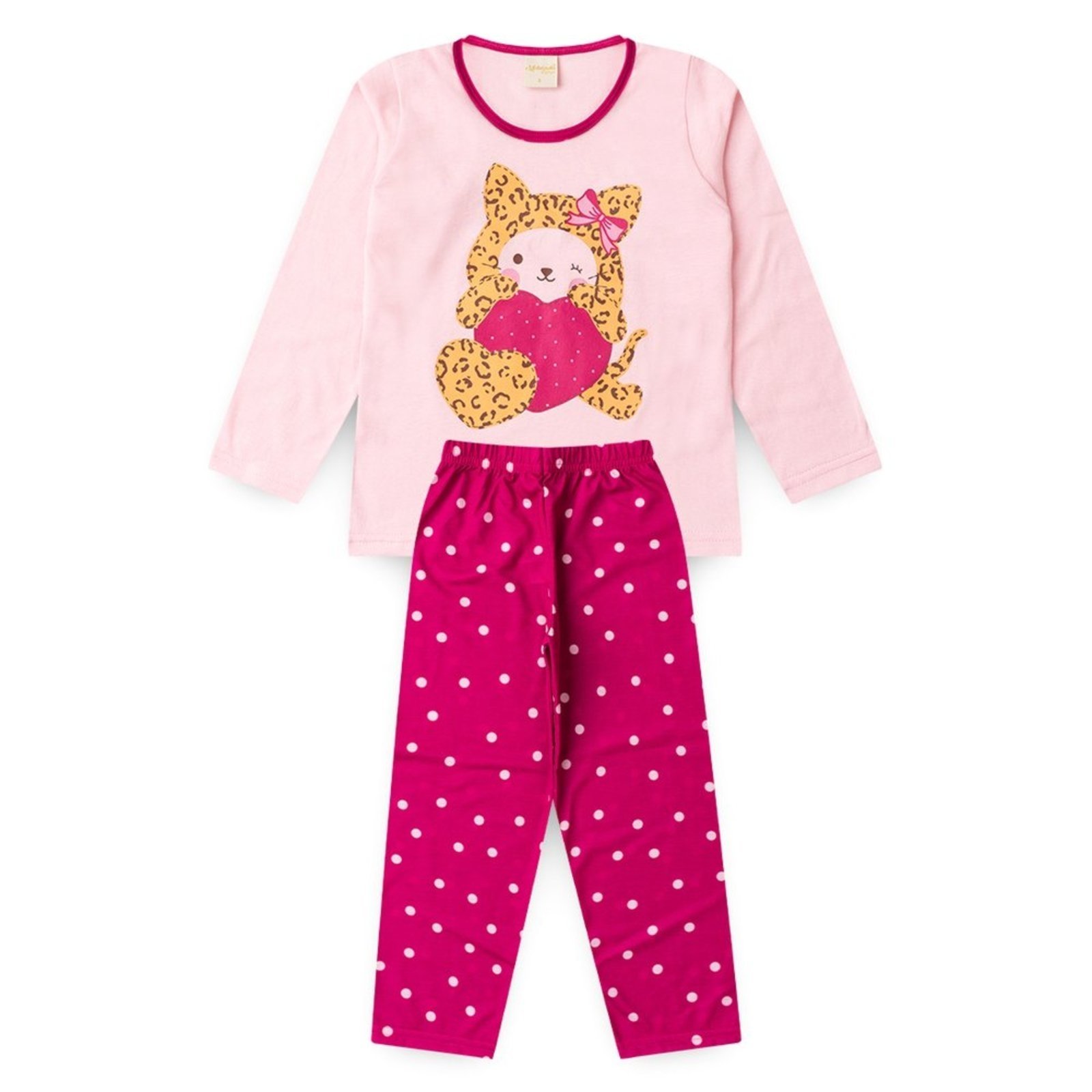Pijama Longo Menina Rosa Gatinha de Bolinhas