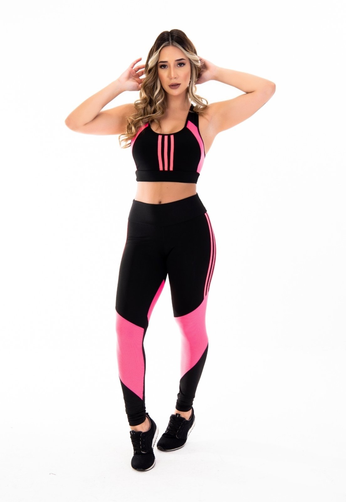 Conjunto Fitness Feminino PRETO E ROSA Top Cropped Nadador Sem Bojo e Calça Legging Conforto Roupa de Academia Ginástica e Moda ROSA