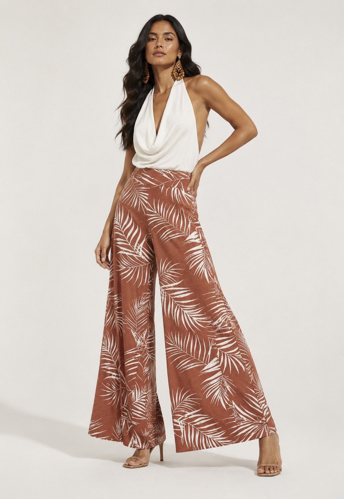 Calça Cabanafree Pantalona Granja Malha Estampa Palmas da Terra