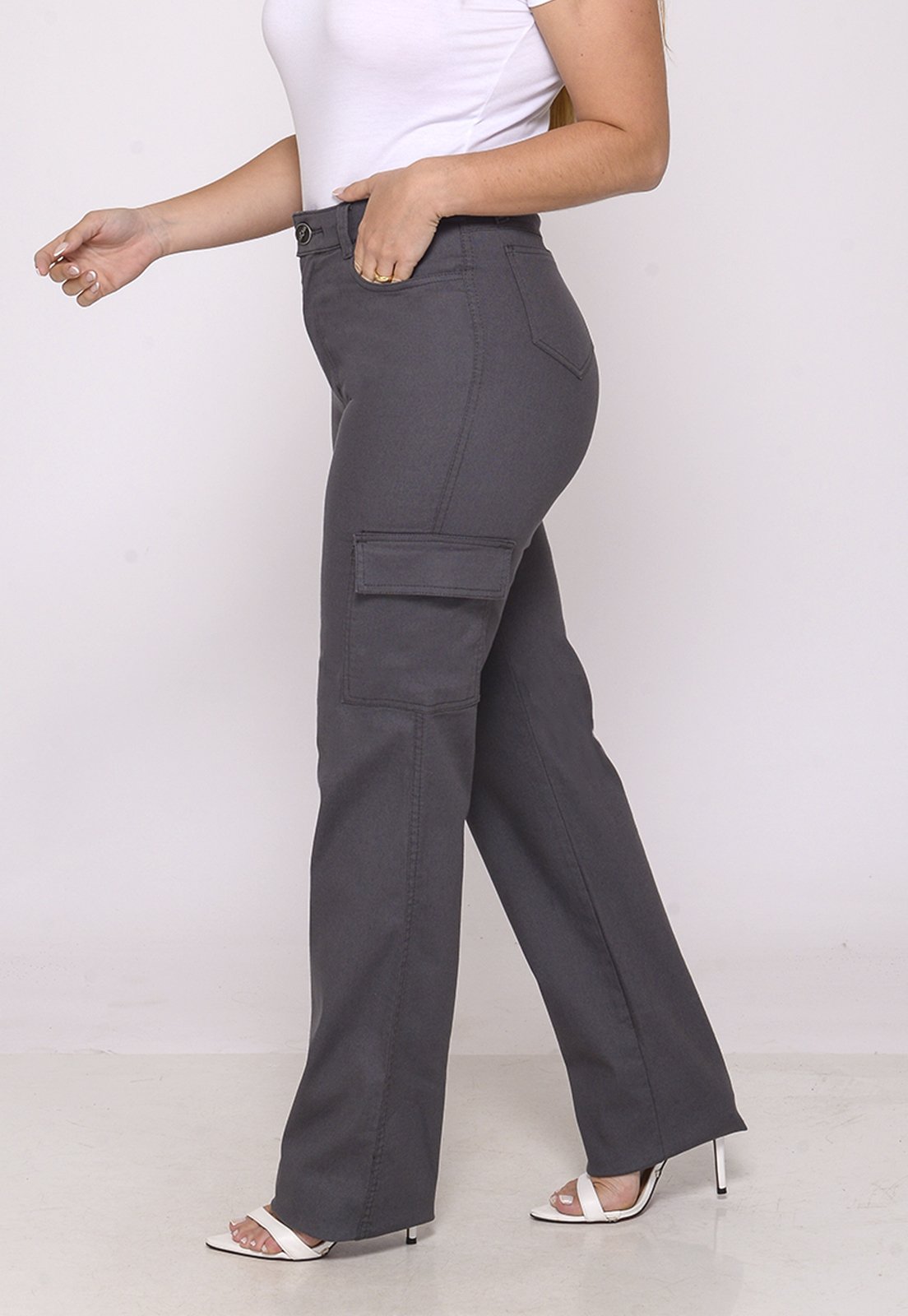 Calça Sarja Cargo Feminina Elastano Cintura Alta Chumbo
