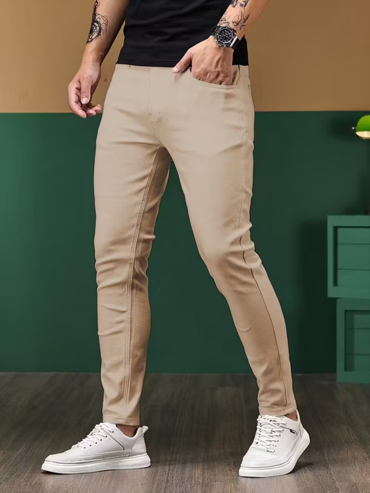 Calça Sarja Masculina Alpha Street Wear Casual e Basica Confortavel Dia a Dia Bege