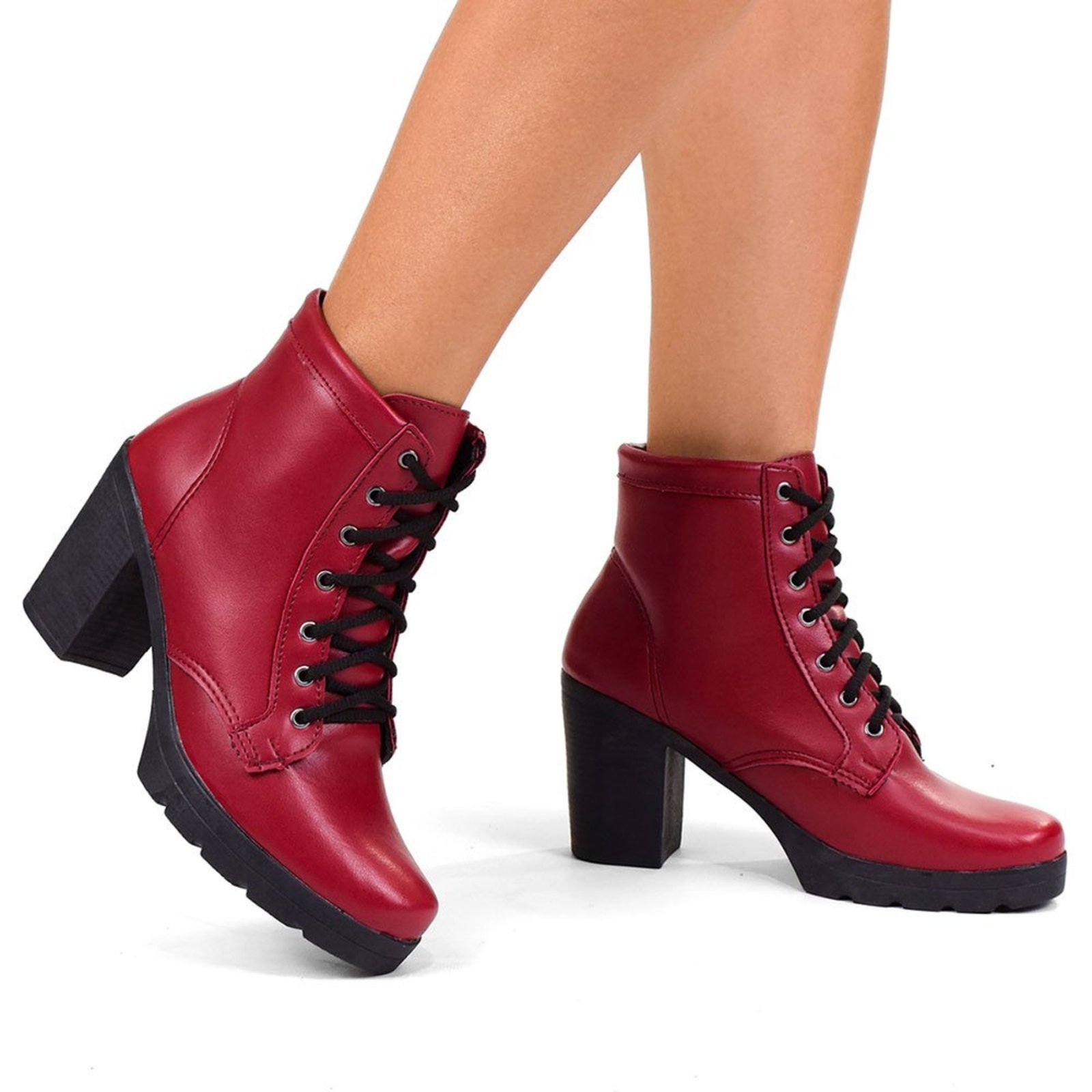 Vista 3 Coturno Feminino Bota Cano Médio CM Calçados Confortável Macio Salto Alto Tratorado Monte Shoes vermelho Monte Shoes vermelho