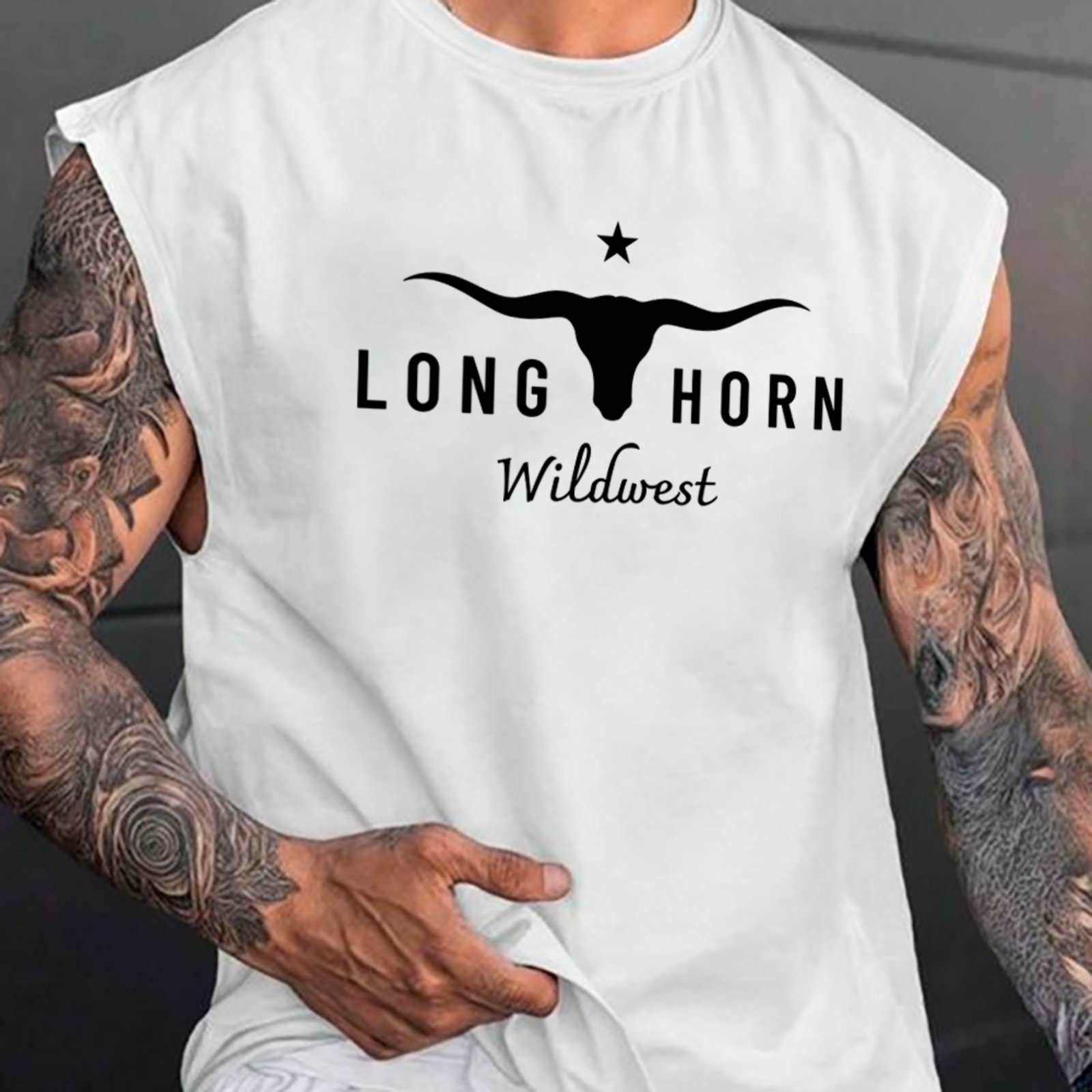 Camiseta Regata Machão Country Longhorn Wildwest Visual Exclusivo Ranch Wear Masculina Branco