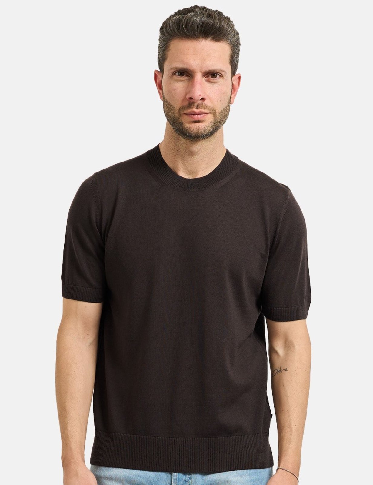 Camiseta Hugo Boss Masculina Regular Trico Extrafine Merino H-Umauro Marrom Escuro