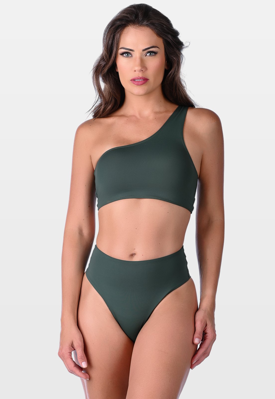 Biquíni Summer Soul Um Ombro Só Sem Bojo Fio Dental Duplo Cintura Alta Verde Escuro