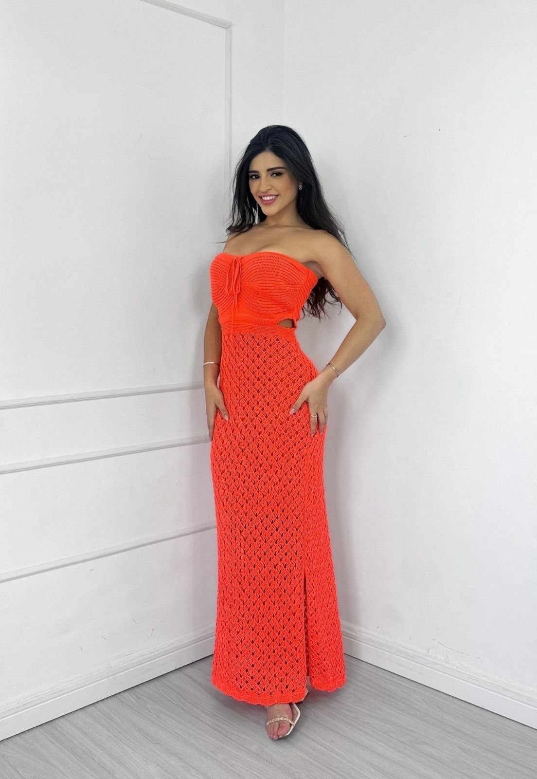 Vestido Longo Tricôt Tomara que caia Abertura Lateral Benessi Laranja