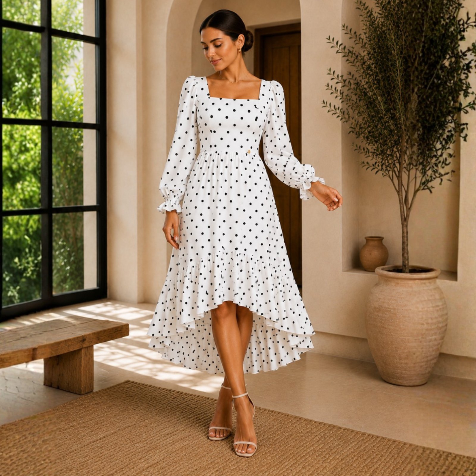 Vestido Max Midi Mullet Preto Manga Longa Elegante e Sofisticado Poa Bolinha - Moda Evangélica