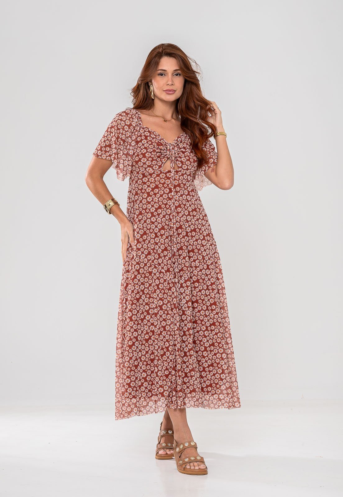 Vestido Aura Fernanda Tule Margaridas Marrom