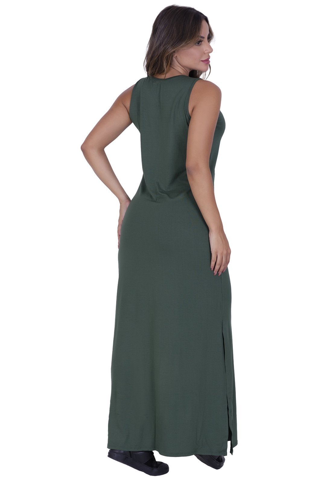 Vestido Longo Verde Militar Com Fenda Lateral St Madame