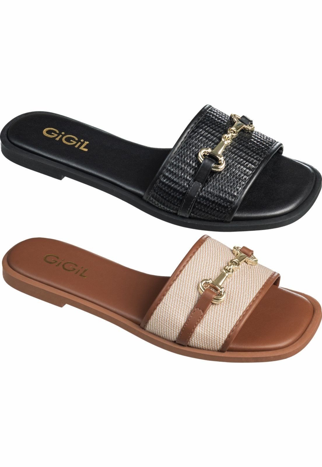 Kit 2 Pares Sandalia Feminina Rasteirinha GIGIL Flat Bridão Metalizado Bege/Preto