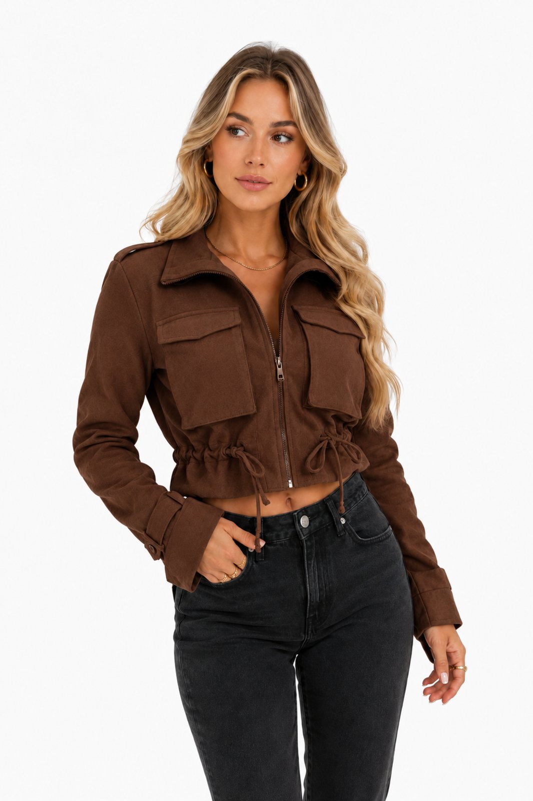 Jaqueta Feminina D Bell Outlet Fashion Bomber Suede Marrom