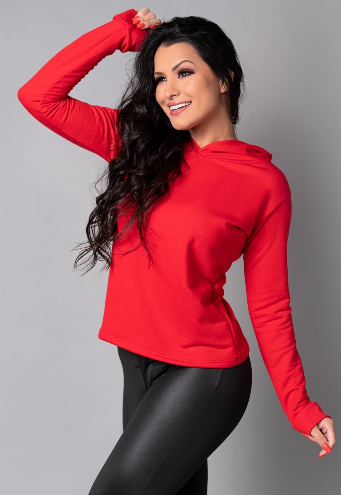 Blusa MVB Modas Casaco Capuz Manga Longa Moletinho Inverno Vermelho
