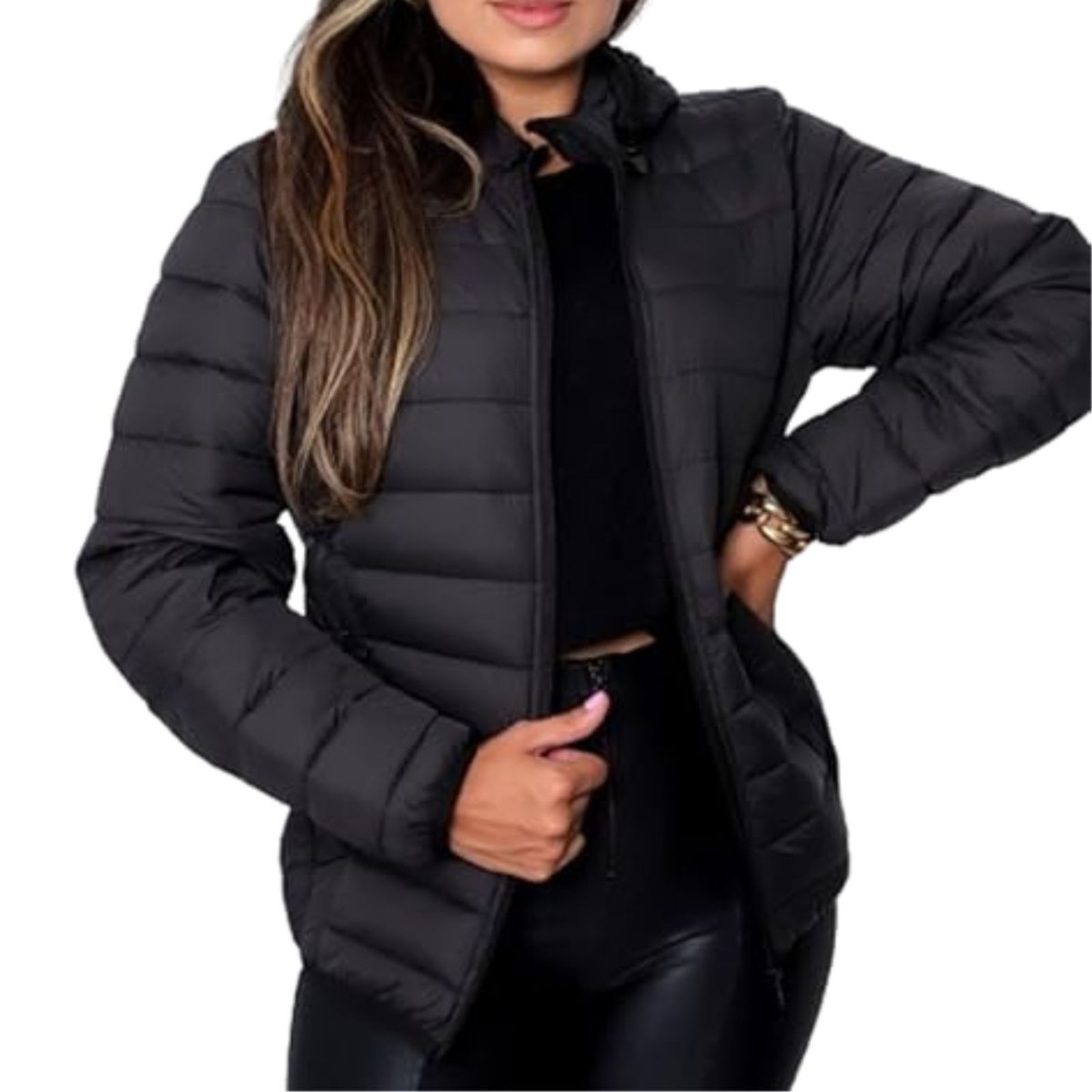 Jaqueta Feminina Puffer FMF com Capuz Impermeável Peluciada Preto