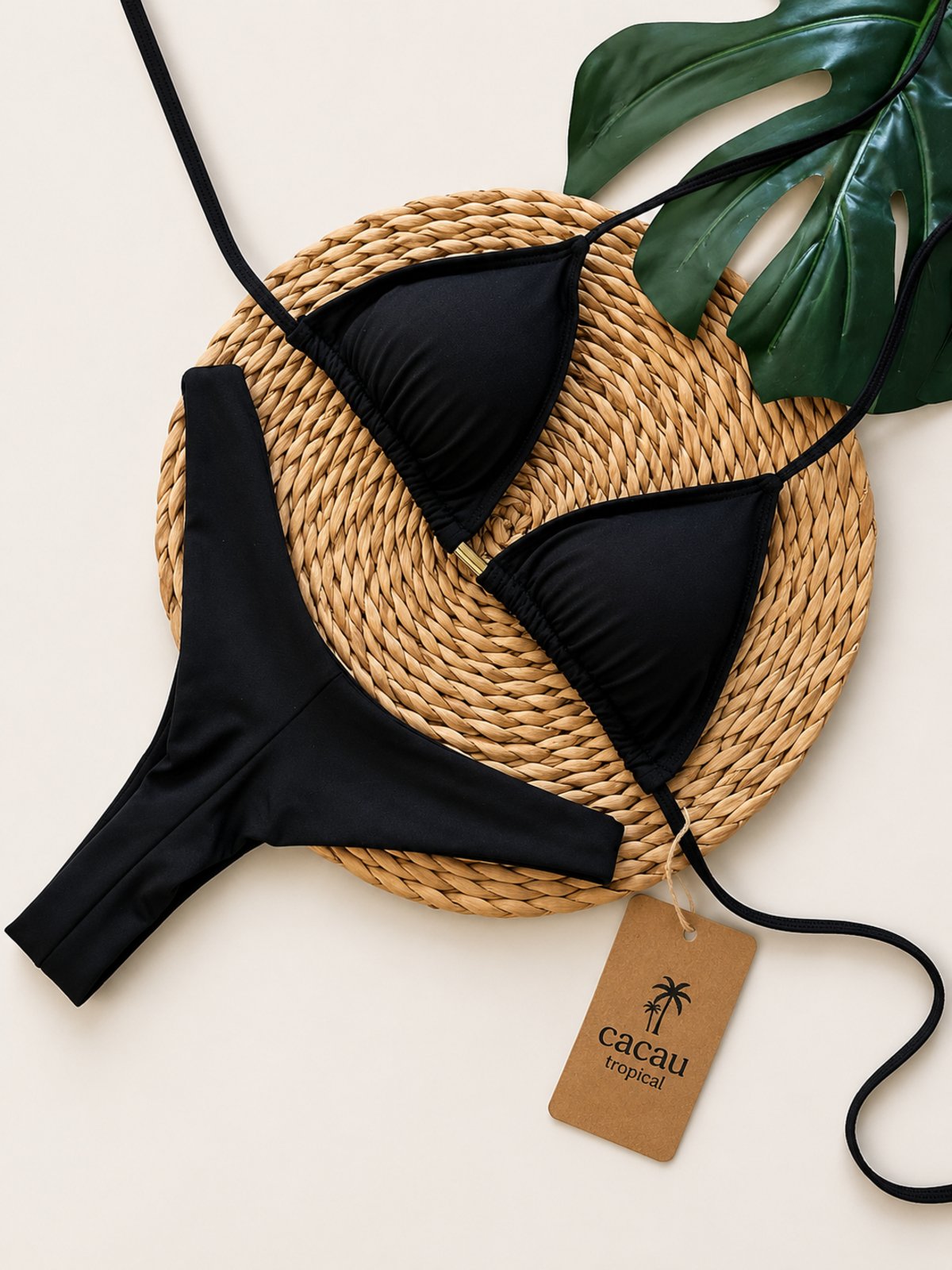 Biquíni Cortininha Feminino Premium Cacau Tropical com Calcinha Asa Delta Moda Praia Verão Preto