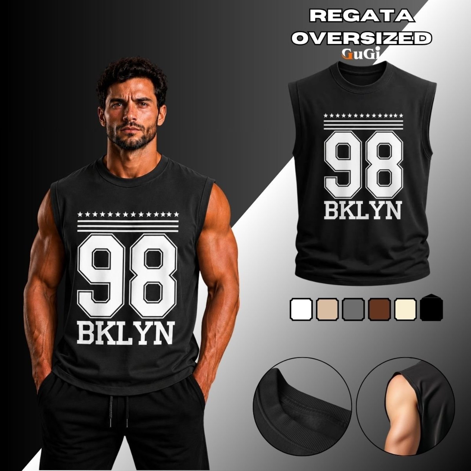 Camiseta Regata Masculina Oversized Estampada 98 Brooklyn 100% Algodão Preto