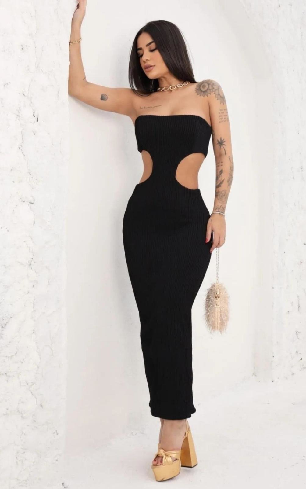 Vestido Kendal Tomara que caia Canelado Midi Preto