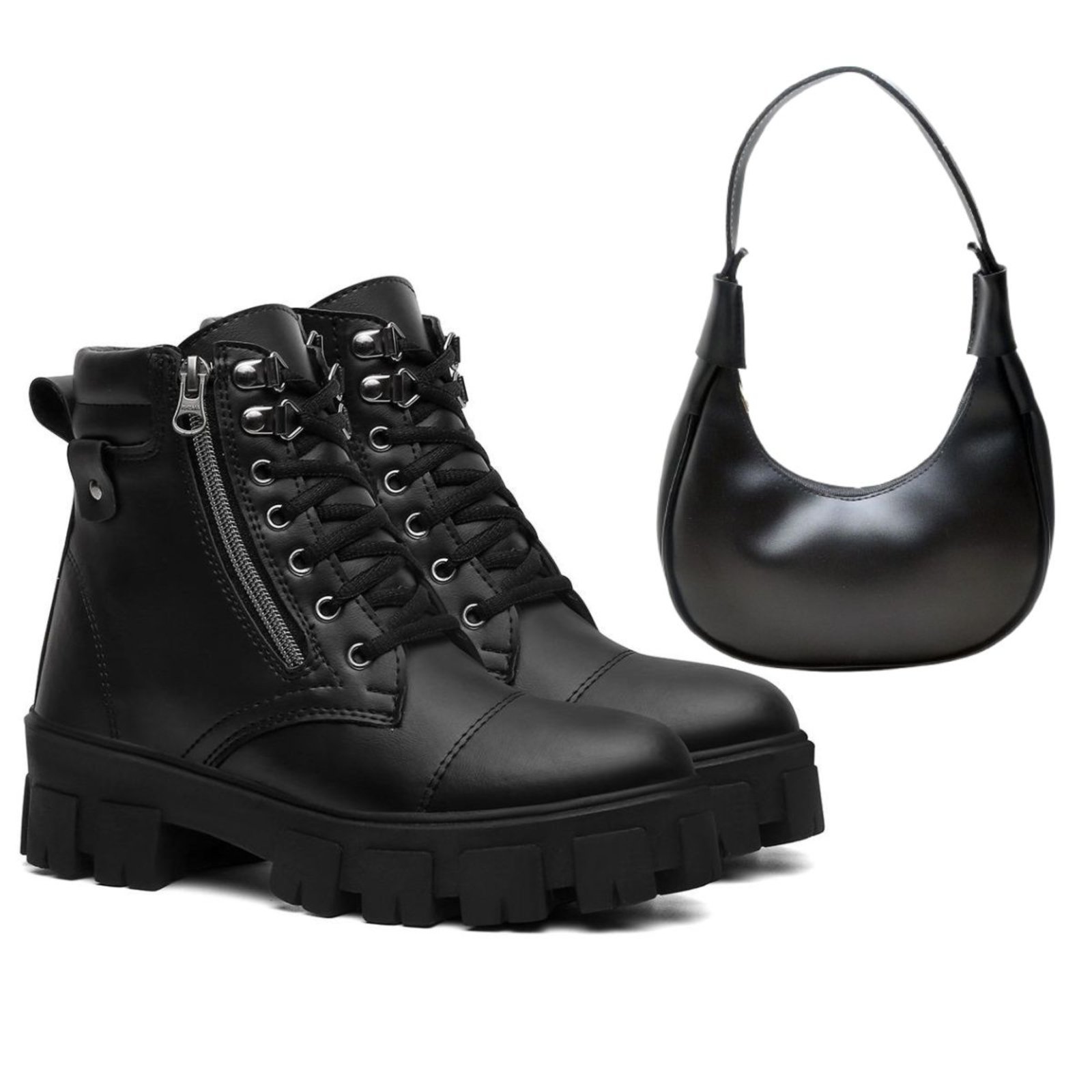 Kit Bota Feminina Cano Médio Anna Andrade Coturno Casual Tratorado Zíper e Bolsa Ombro Preta