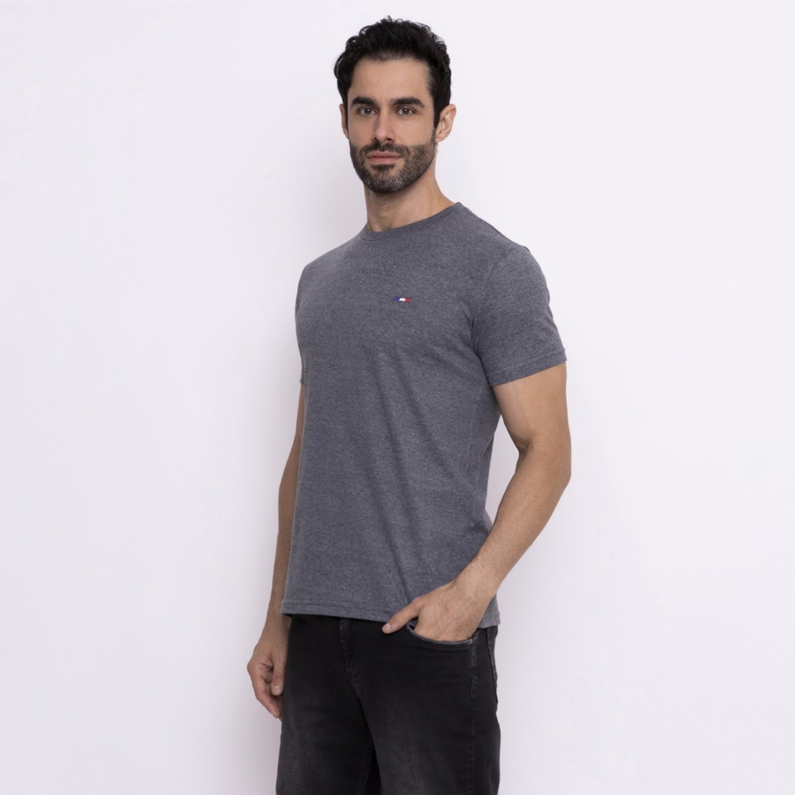 Vista 3 Camiseta Masculina Básica FMF com Bordado no Estilo Tommy Algodão Premium França Cinza Escuro azul FMF azul