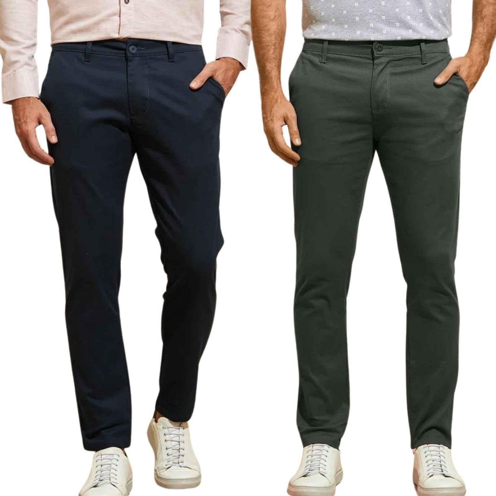 Kit 2 Calças FMF de Sarja Chino Com Bolso Traseiro Embutido Alfaiataria Skinny Marinho e Cinza