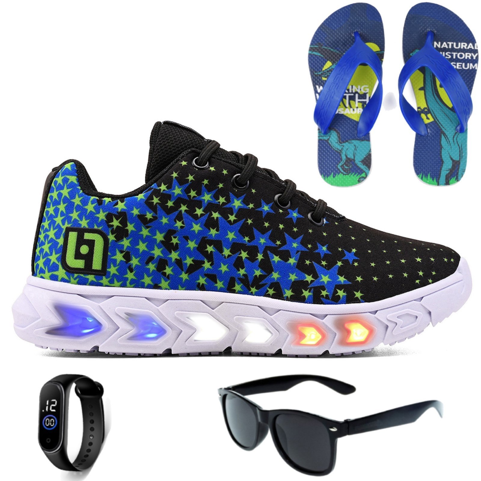Infantil – Tenis de Led Meninos Casual Escolar Calce Facil Preto + Chinelo Oculos e Relogio