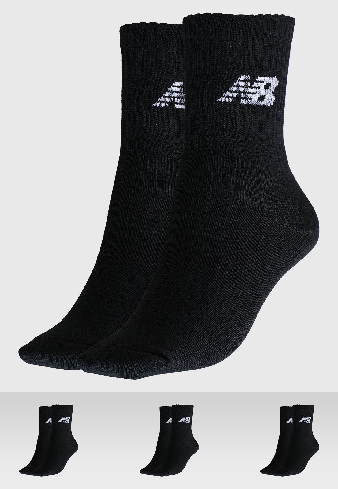 Vista 2 Kit 3pçs Meia New Balance Cano Médio Logo Preta preto New Balance preto