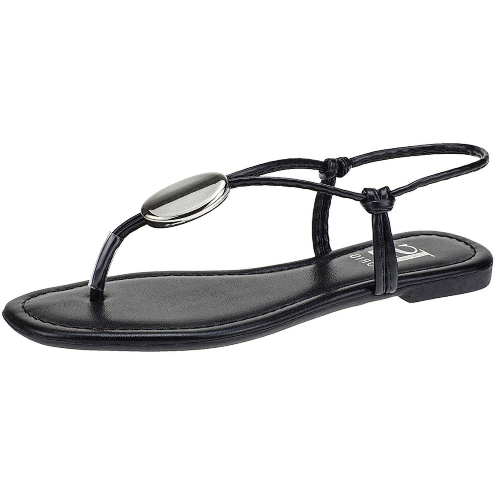 Sandália Lóris Shoes de Tiras com Enfeite ABS Dourado Rasteira Confortável Rasteirinha 4017 Preto