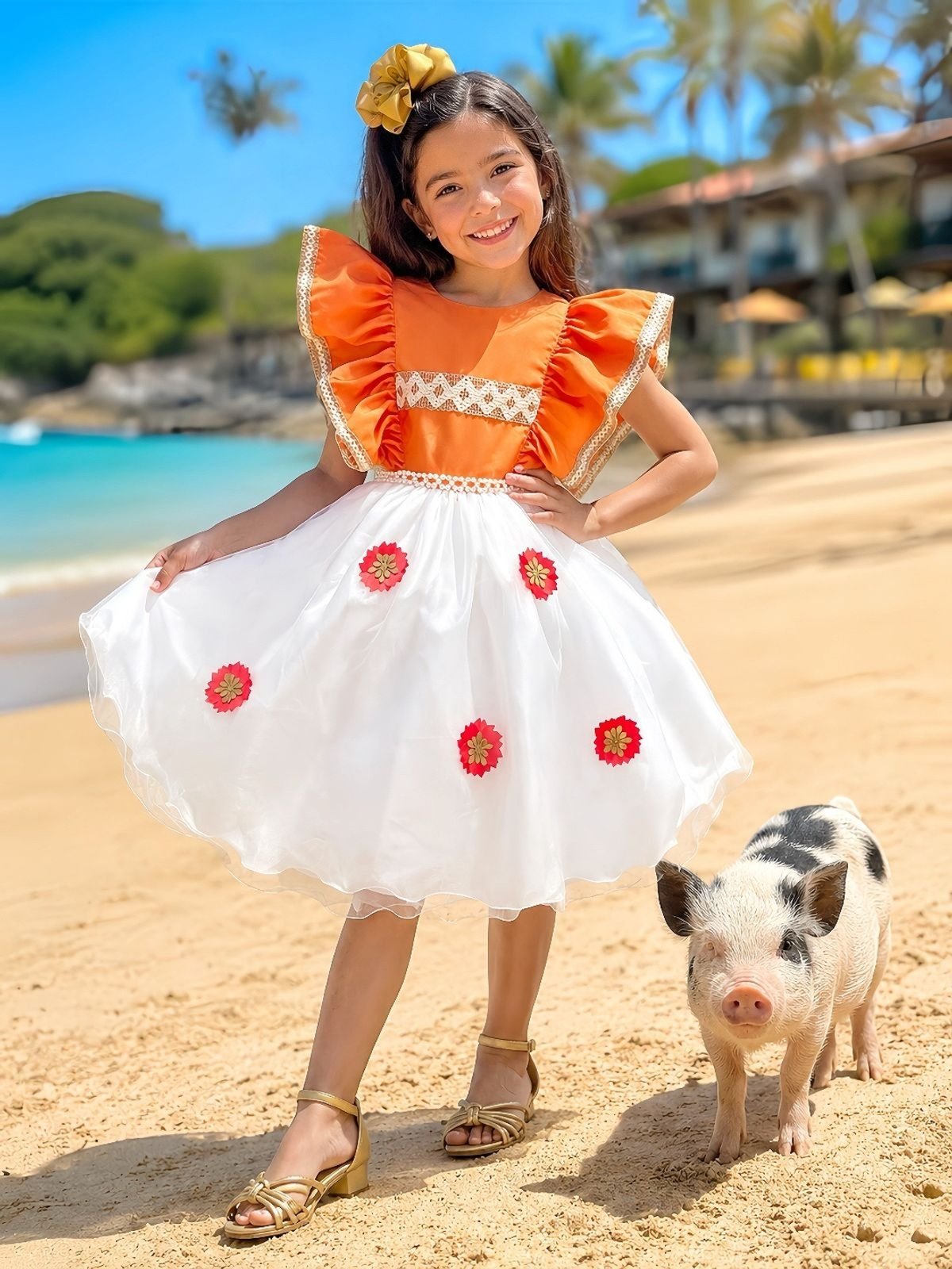 Infantil - Vestido Fantasia Princesa Praia Laranja Aniversário Temático Luxo