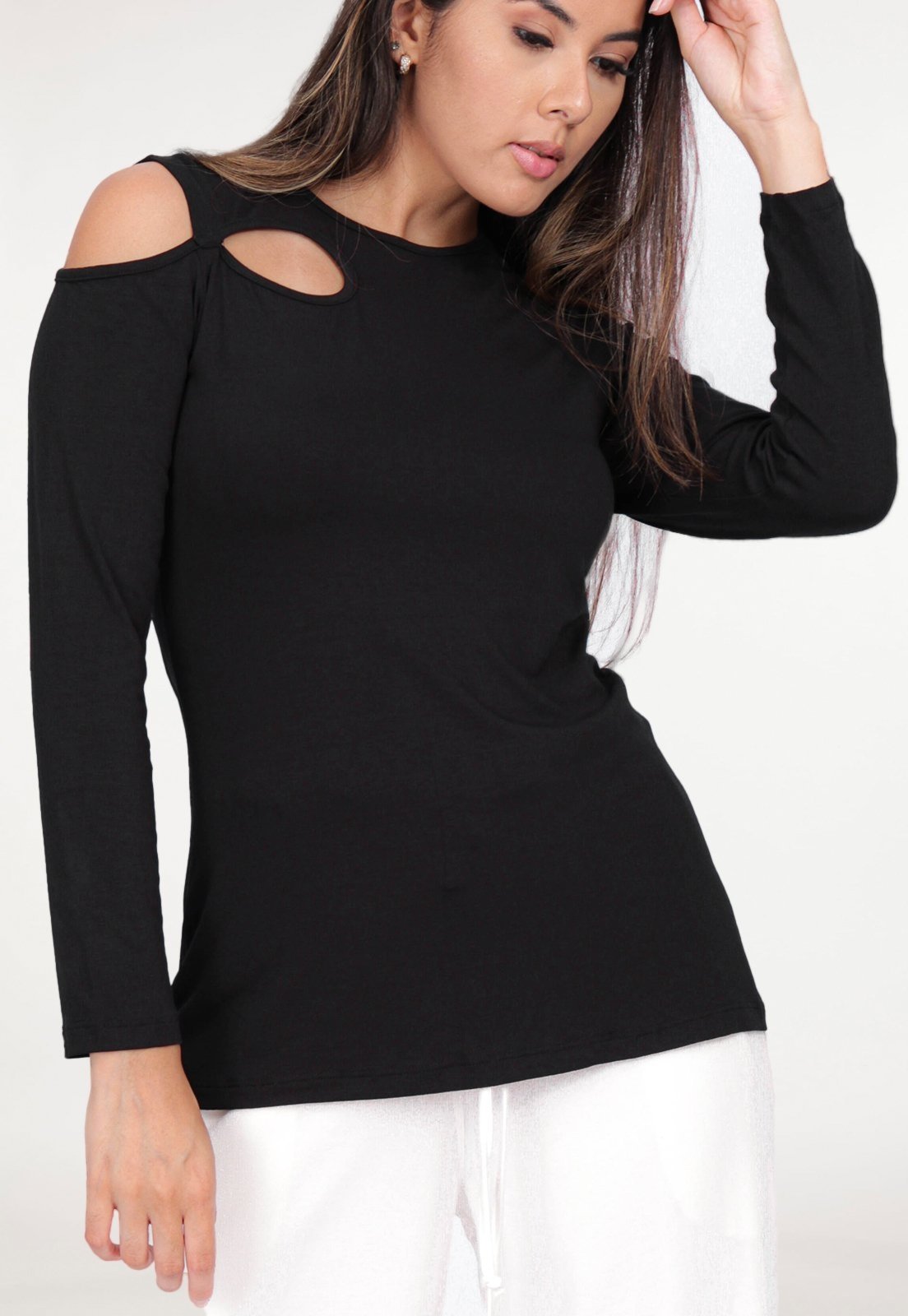 Vista 3 Blusa Malha Amazonia Vital Detalhe no Ombro e Costas Manga Longa preto Amazonia Vital preto