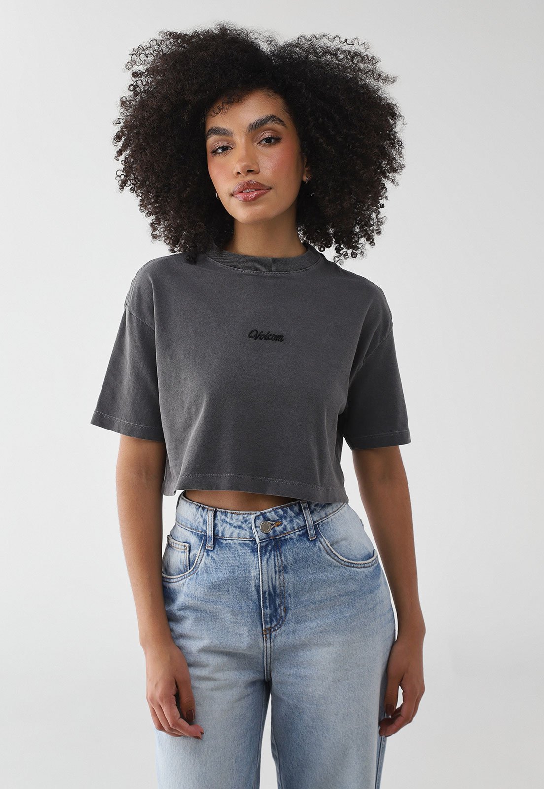 Camiseta Feminina Volcom Line Cropped Grafite