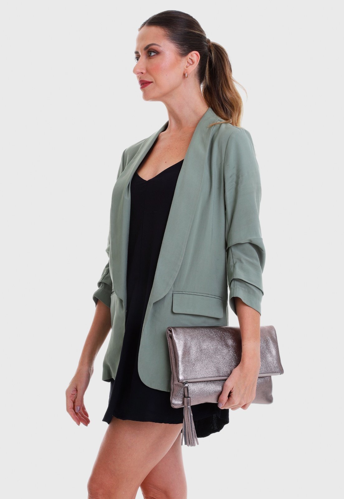 Vista 3 Bolsa Carteira Clutch Couro Mariart Hibisco Onix prata prata