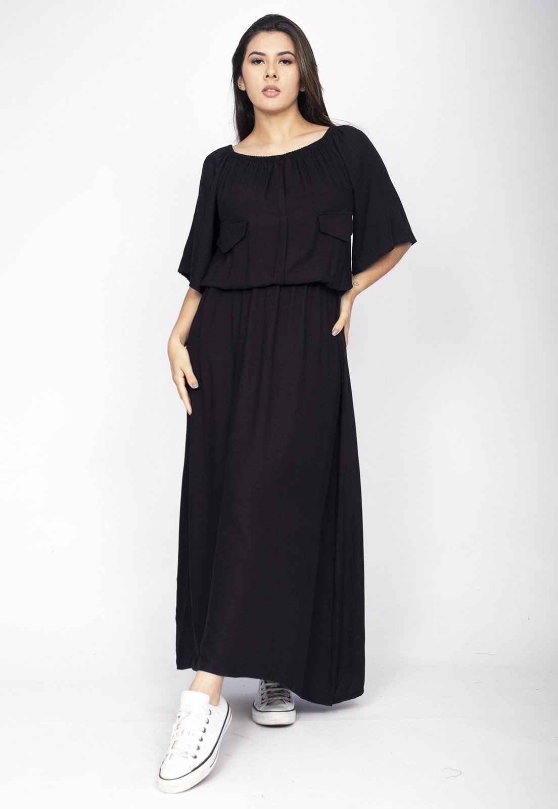 Vestido Midi Cabanafree Ciganinha Viscose Com Lapela Preto