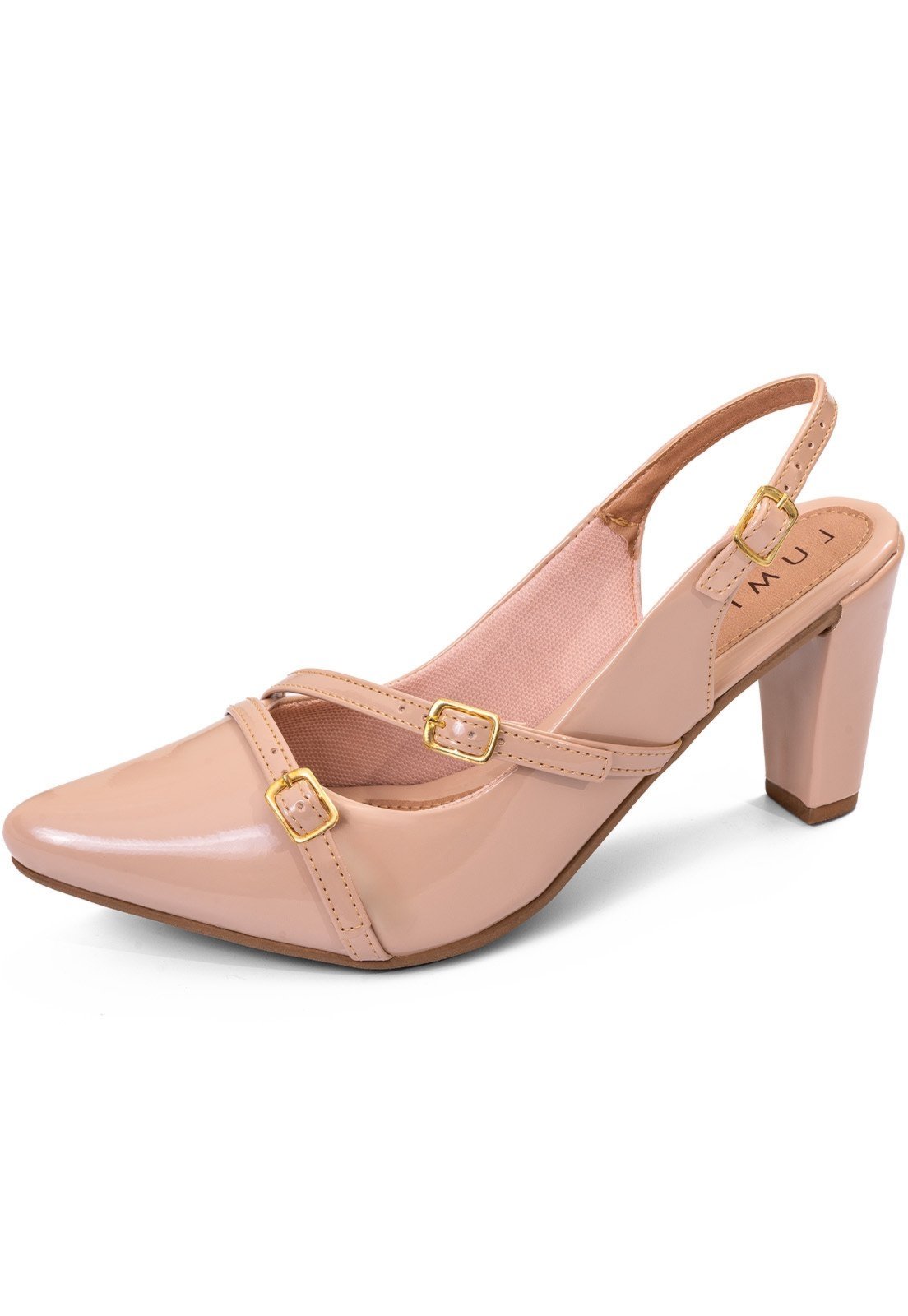 Scarpin Feminino Lumiss Slingback Salto Fino Confortável Bico Fino Fivelas Verniz Nude