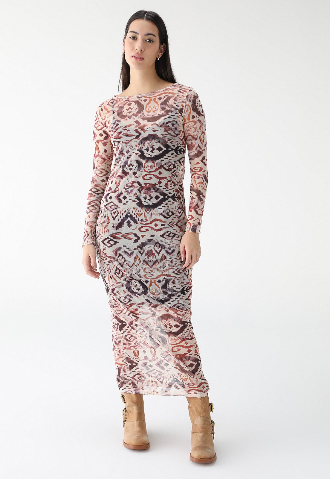 Vestido Tule Animale Jeans Longa Est Ikat Tapeçaria Off-White
