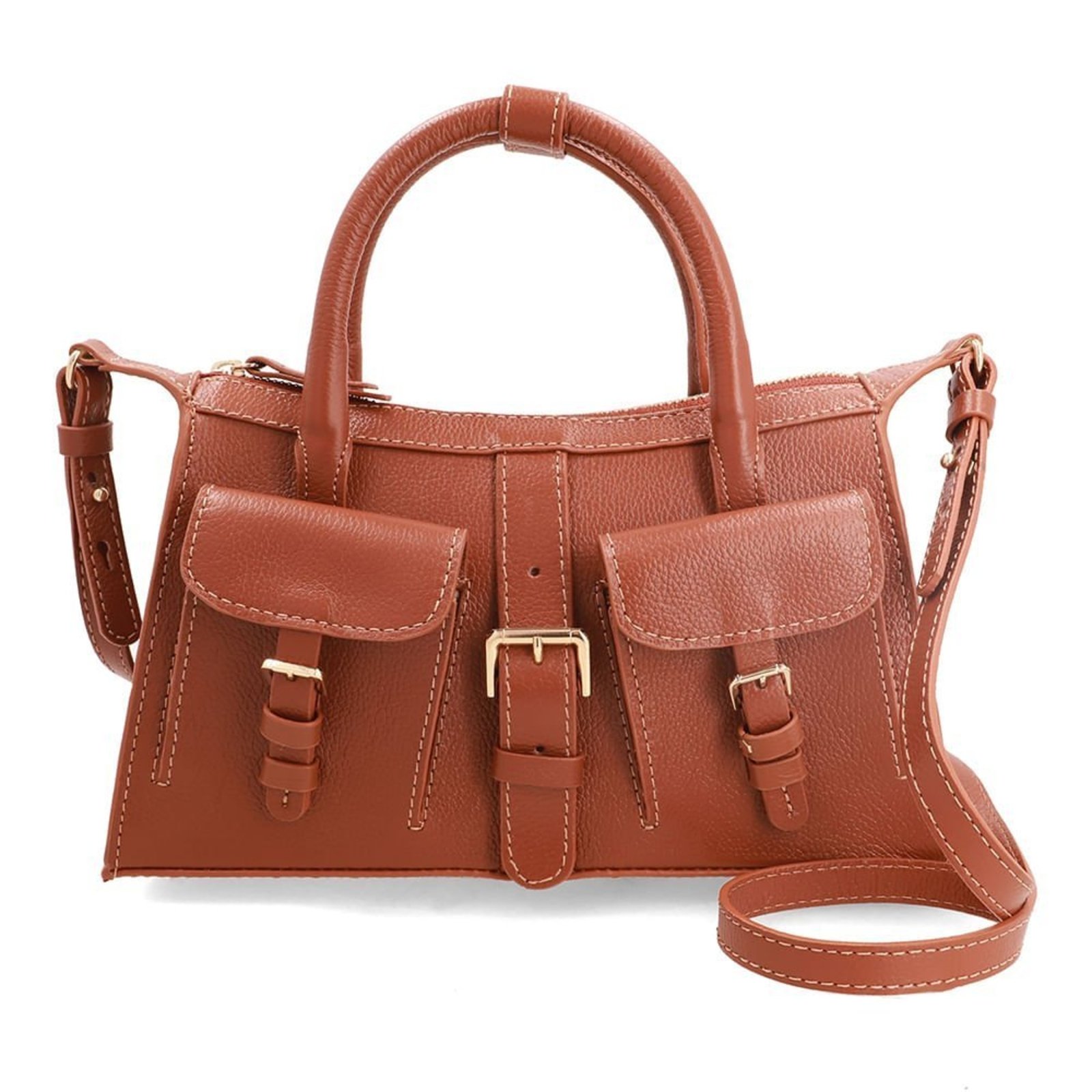 Bolsa Tote Em Couro Marrom Com Zíper e Bolsos Frontais