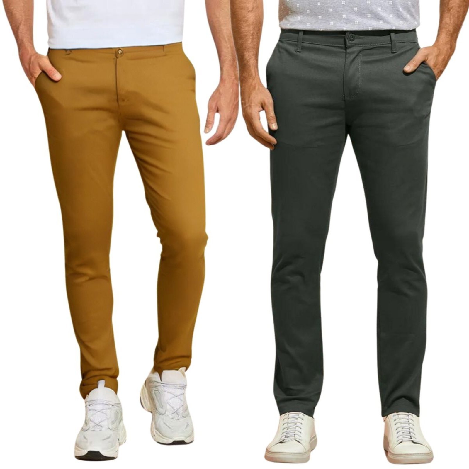 Kit 2 Calças FMF de Sarja Chino Com Bolso Traseiro Embutido Alfaiataria Skinny Cinza e Caramelo