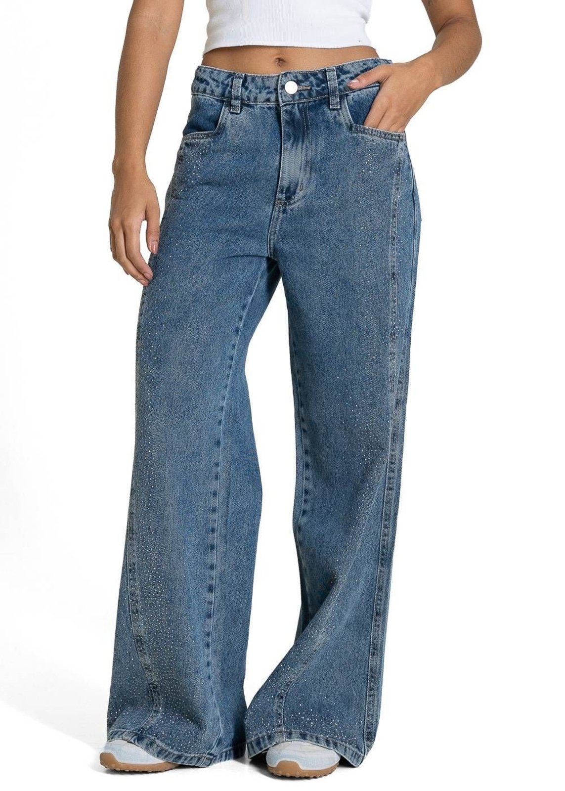 Calça Jeans Sawary Wide Leg Petit Brilho - 283576 - Azul - Sawary