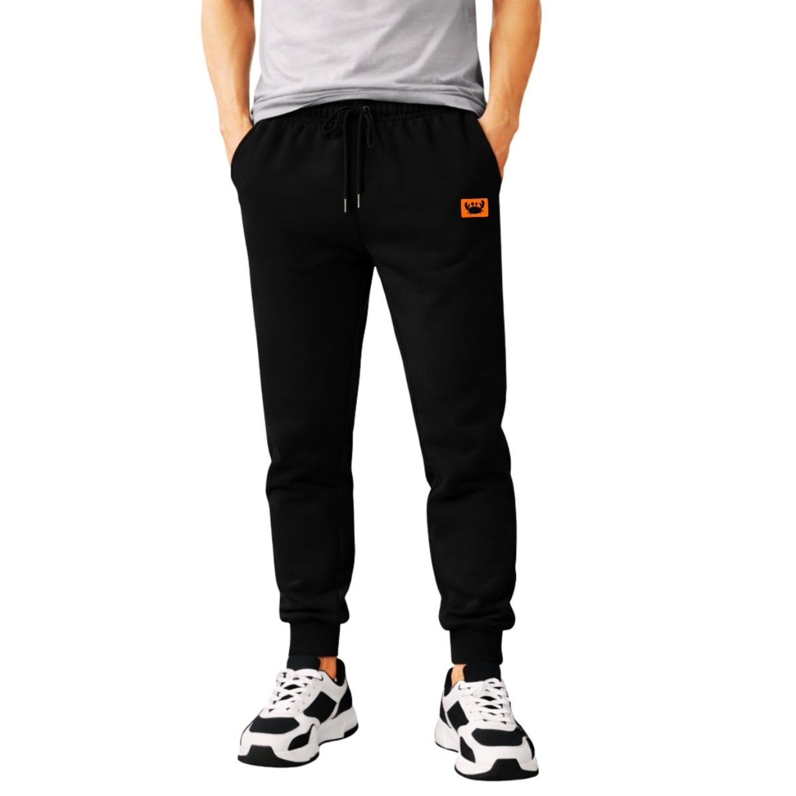 Calça Moletom Preto Neon Estampada Relaxado Modelo Jogger Bolsos Capuz Canguru